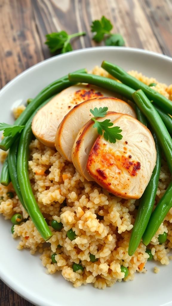 A healthy plate of quinoa with grilled chicken and green beans, garnished with parsley on a wooden table.